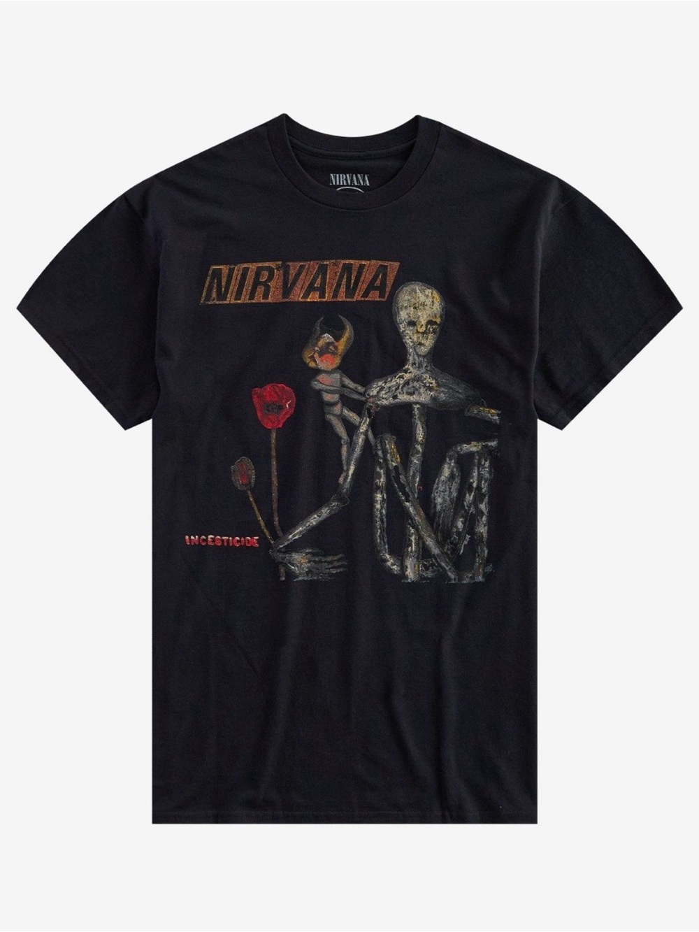 Hot Topic Nirvana Black Graphic Short Sleeve Tee with Red Accents